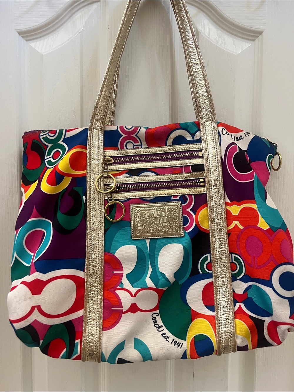 Vintage Coach Multicolor Signature Print Tote with Gold Trim - Picture 1 of 7